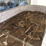 Natural Wood Veneer Sideboard with Dark Marble Top, Quilted Curved Side Panels, Four Drawers and Dual Cabinets